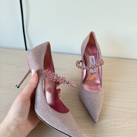Jimmy Choo Bing 85 Pumps Sz 37 Pink Glitter Crystal Embellished Pointed Toe - Picture 8 of 14